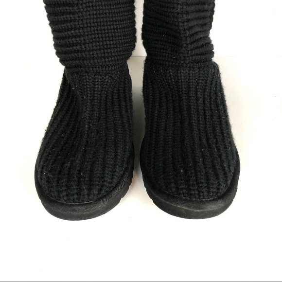 UGG Women’s Crochet Shearling Classic Cardy Black Knit Fold Over Button Boots - Picture 3 of 9